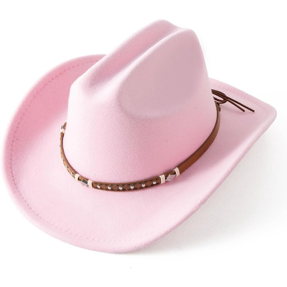 Women's Pink Western Studded Leather Accent Band Classic Fedora Felt Cowboy Hat